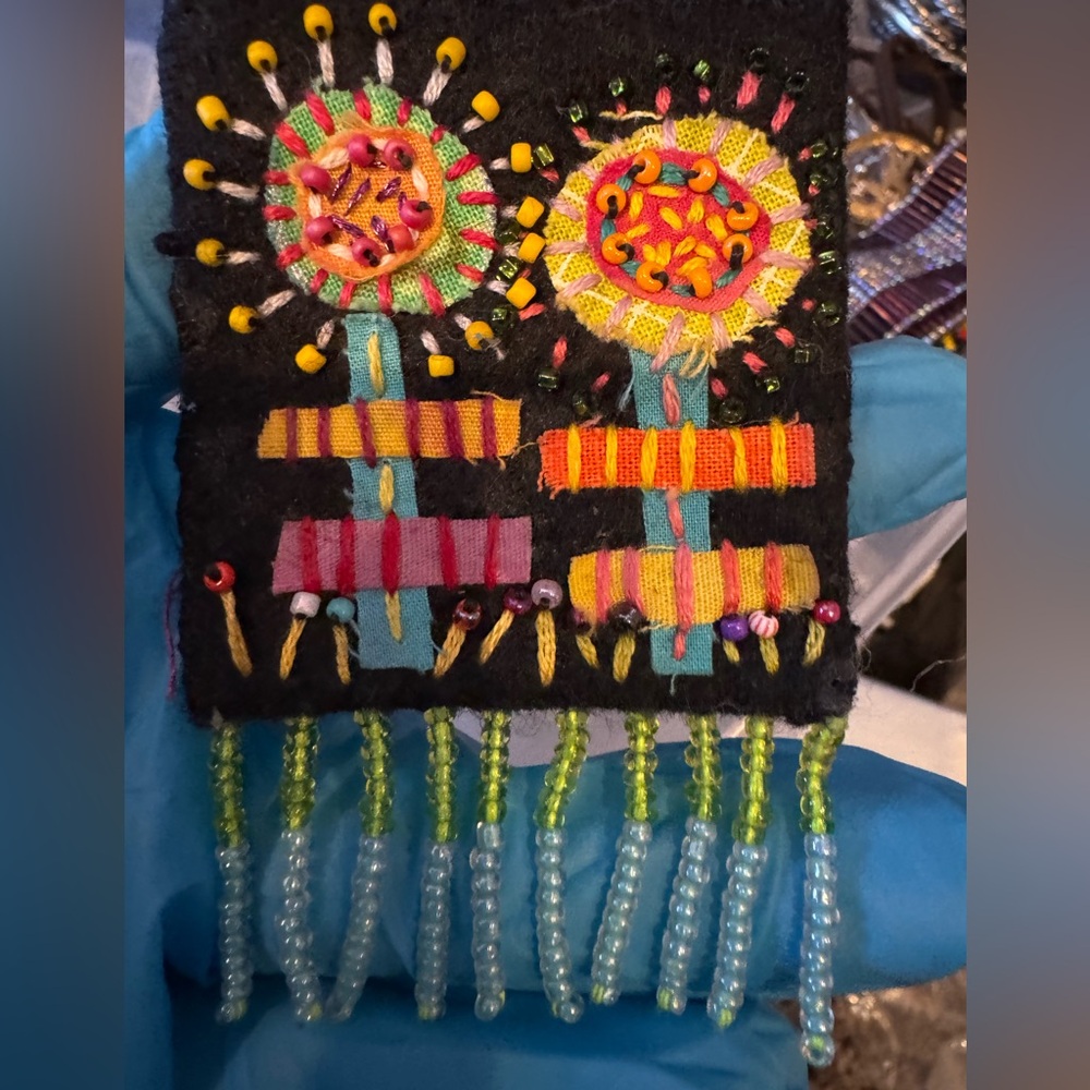 Vintage handmade felt mixed media abstract flowers with bead fringe pin